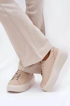 Buty damskie Vinceza Skórzane Buty Sportowe Damskie Na Platformie Z Przypinką Vinceza 39922 Beżowe Beżowy