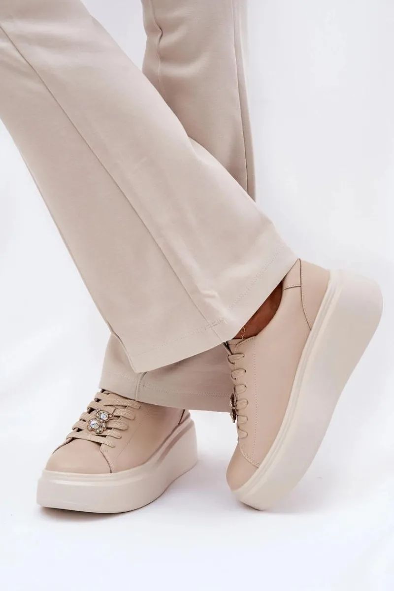 Buty damskie Vinceza Skórzane Buty Sportowe Damskie Na Platformie Z Przypinką Vinceza 39922 Beżowe Beżowy