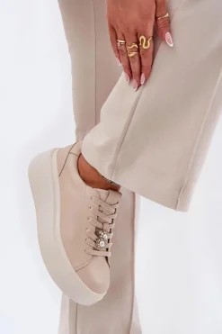 Buty damskie Vinceza Skórzane Buty Sportowe Damskie Na Platformie Z Przypinką Vinceza 39922 Beżowe Beżowy