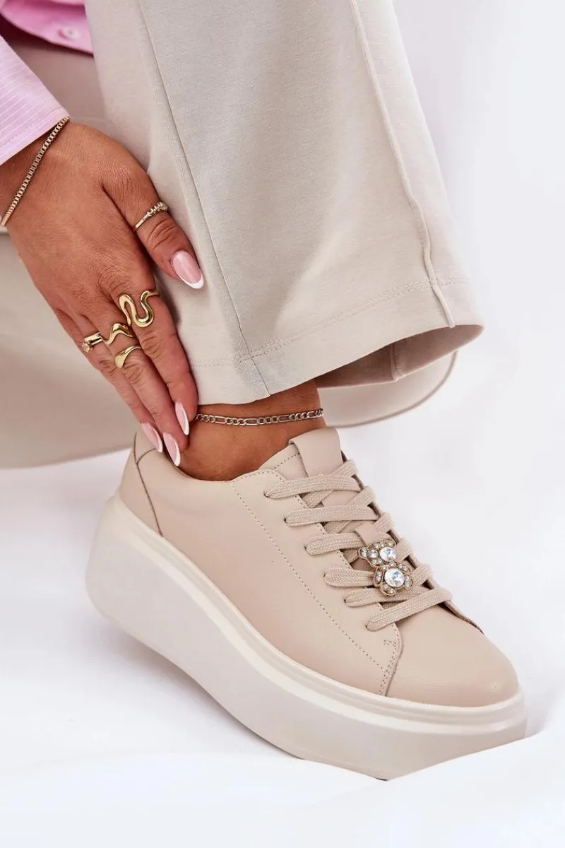 Buty damskie Vinceza Skórzane Buty Sportowe Damskie Na Platformie Z Przypinką Vinceza 39922 Beżowe Beżowy