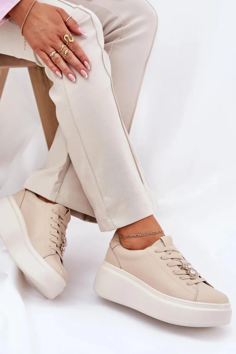 Buty damskie Vinceza Skórzane Buty Sportowe Damskie Na Platformie Z Przypinką Vinceza 39922 Beżowe Beżowy