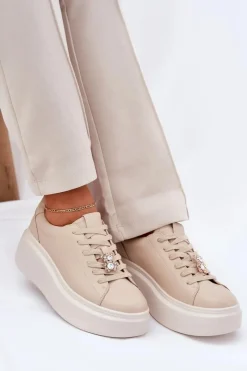 Buty damskie Vinceza Skórzane Buty Sportowe Damskie Na Platformie Z Przypinką Vinceza 39922 Beżowe Beżowy