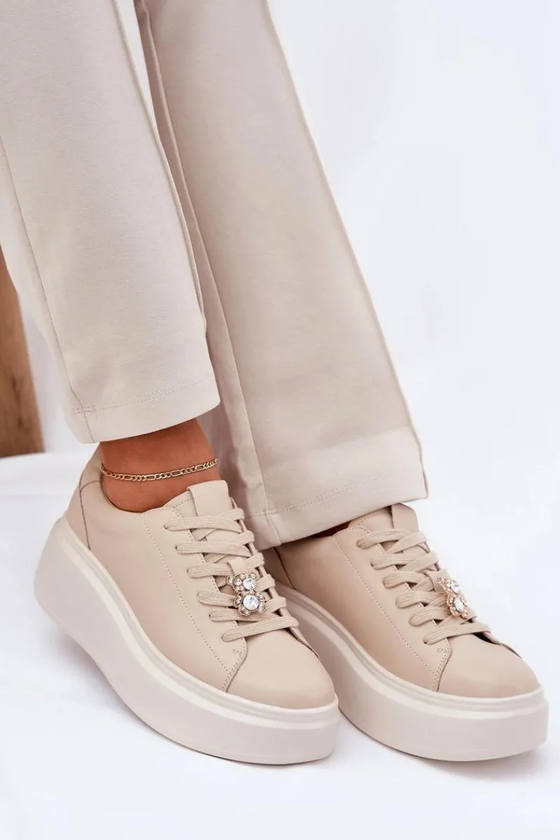 Buty damskie Vinceza Skórzane Buty Sportowe Damskie Na Platformie Z Przypinką Vinceza 39922 Beżowe Beżowy