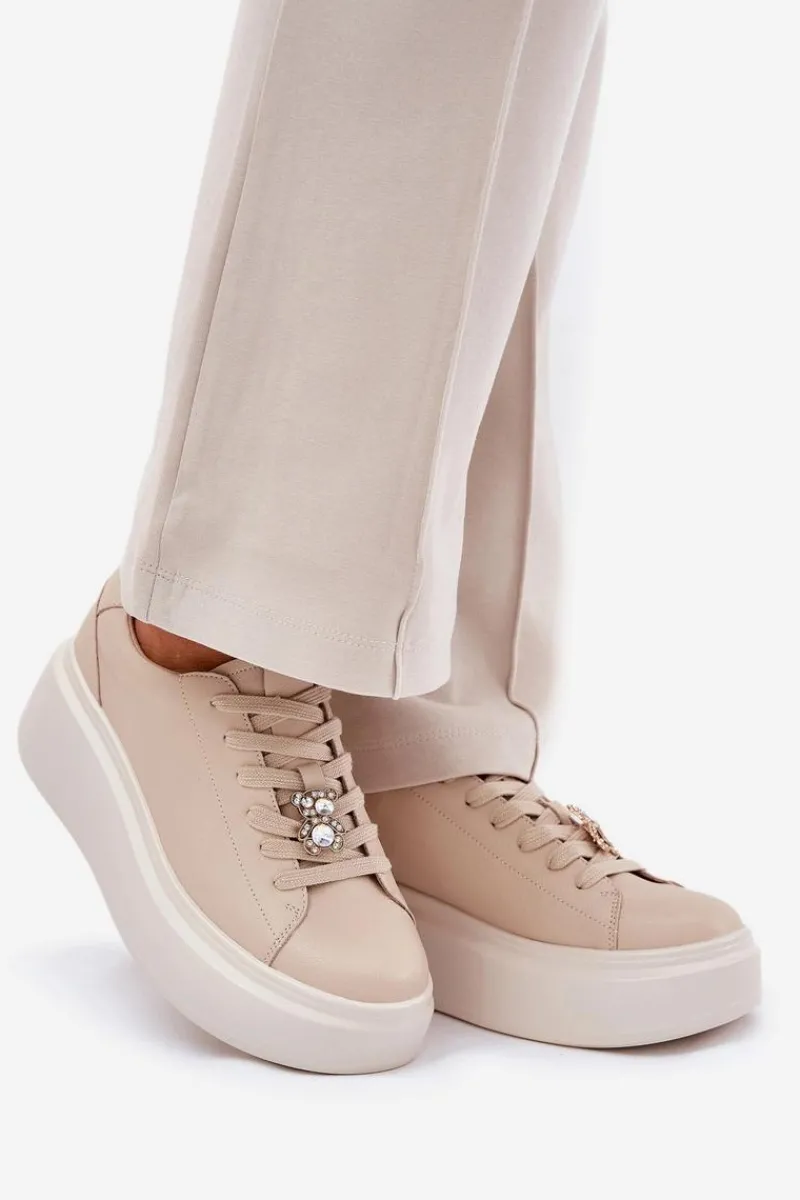 Buty damskie Vinceza Skórzane Buty Sportowe Damskie Na Platformie Z Przypinką Vinceza 39922 Beżowe Beżowy