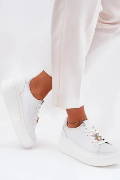 Sneakersy Damskie>Buty damskie Vinceza Skórzane Buty Sportowe Damskie Na Platformie Z Przypinką Vinceza 39922 Białe