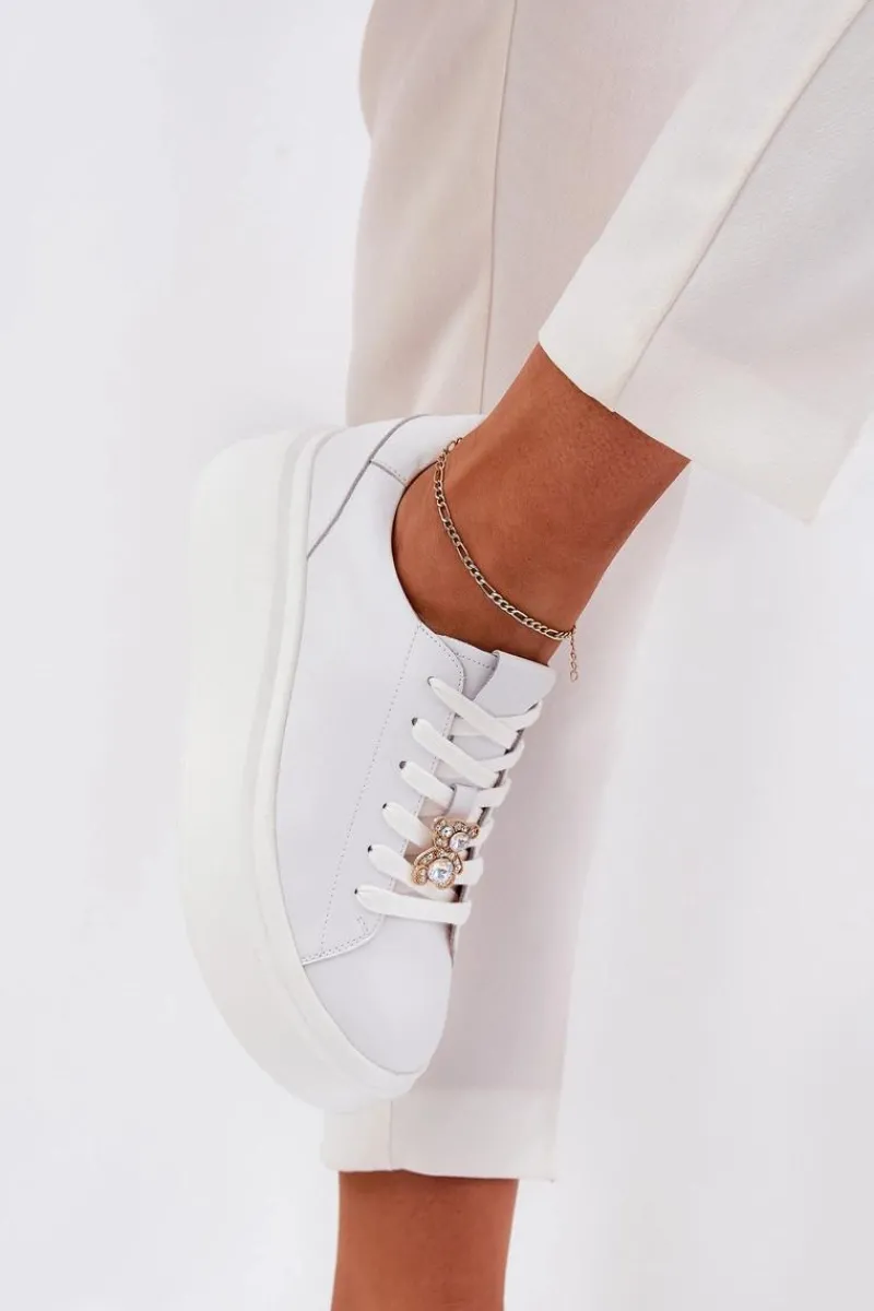 Sneakersy Damskie>Buty damskie Vinceza Skórzane Buty Sportowe Damskie Na Platformie Z Przypinką Vinceza 39922 Białe