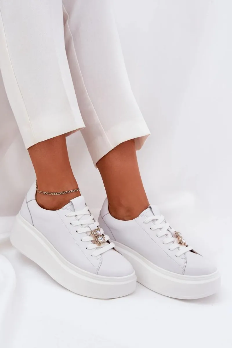 Sneakersy Damskie>Buty damskie Vinceza Skórzane Buty Sportowe Damskie Na Platformie Z Przypinką Vinceza 39922 Białe