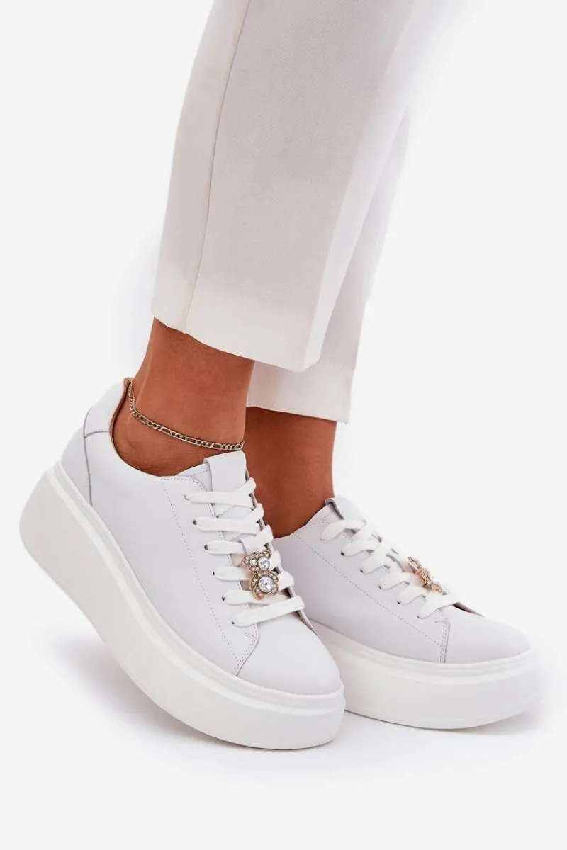 Sneakersy Damskie>Buty damskie Vinceza Skórzane Buty Sportowe Damskie Na Platformie Z Przypinką Vinceza 39922 Białe