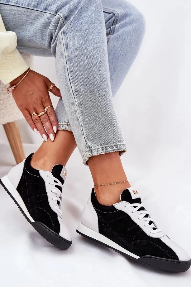 Online Laura Messi Skórzane Buty Sportowe Damskie 2935 Czarne Czarny