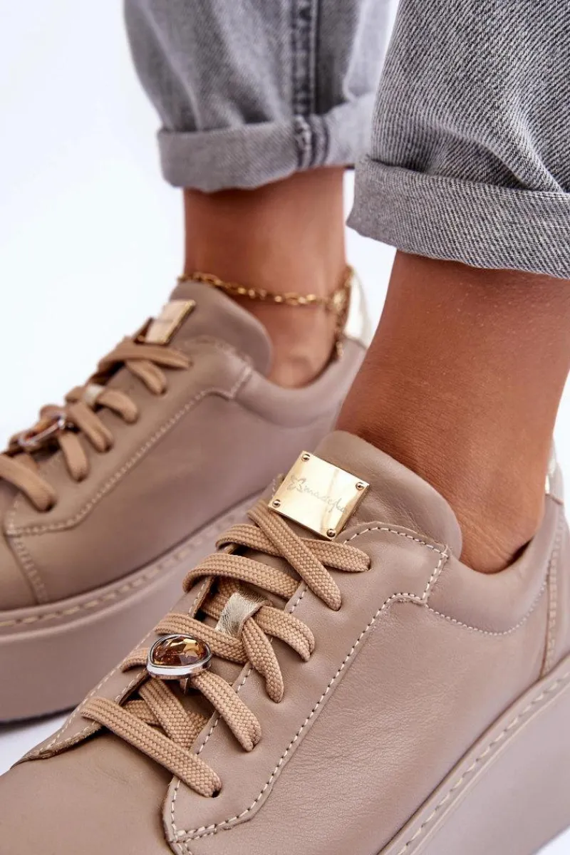 Clearance Maciejka Skórzane Buty Sportowe Na Platformie 06191-04 Beżowe Beżowy