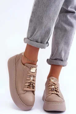 Clearance Maciejka Skórzane Buty Sportowe Na Platformie 06191-04 Beżowe Beżowy