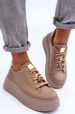 Clearance Maciejka Skórzane Buty Sportowe Na Platformie 06191-04 Beżowe Beżowy