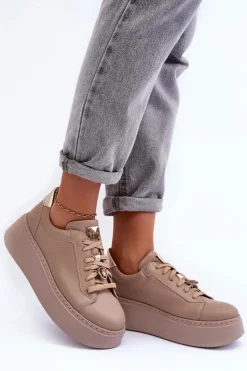 Clearance Maciejka Skórzane Buty Sportowe Na Platformie 06191-04 Beżowe Beżowy