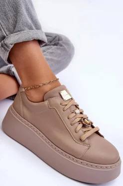 Clearance Maciejka Skórzane Buty Sportowe Na Platformie 06191-04 Beżowe Beżowy