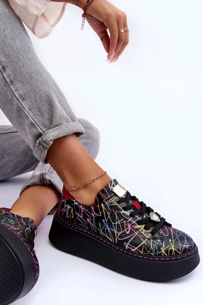 Hot Skórzane Buty Sportowe Na Platformie 06191-39 Multikolor Damskie Buty Sportowe Na Platformie