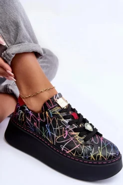 Hot Skórzane Buty Sportowe Na Platformie 06191-39 Multikolor Damskie Buty Sportowe Na Platformie