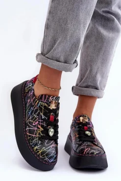 Hot Skórzane Buty Sportowe Na Platformie 06191-39 Multikolor Damskie Buty Sportowe Na Platformie