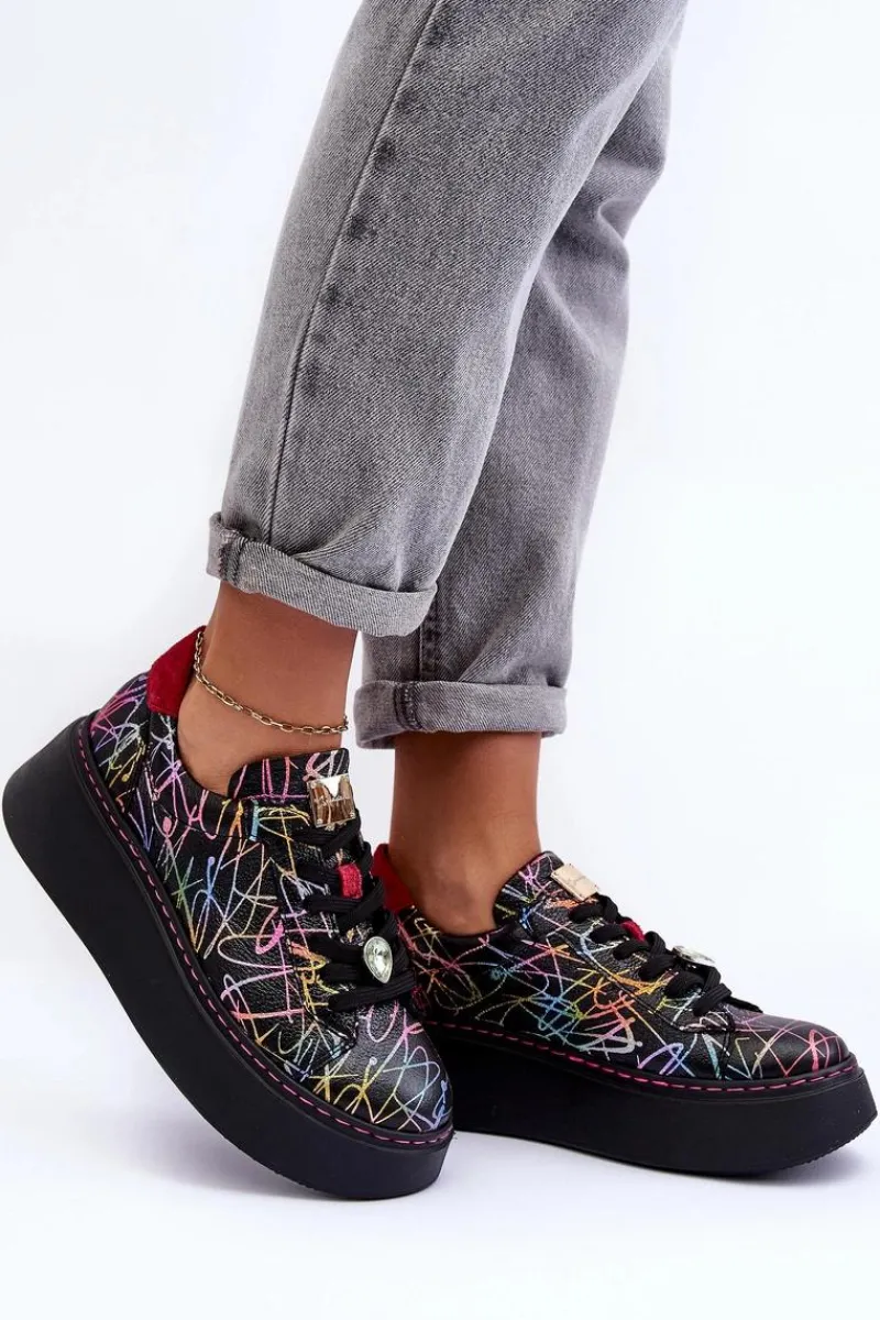 Hot Skórzane Buty Sportowe Na Platformie 06191-39 Multikolor Damskie Buty Sportowe Na Platformie