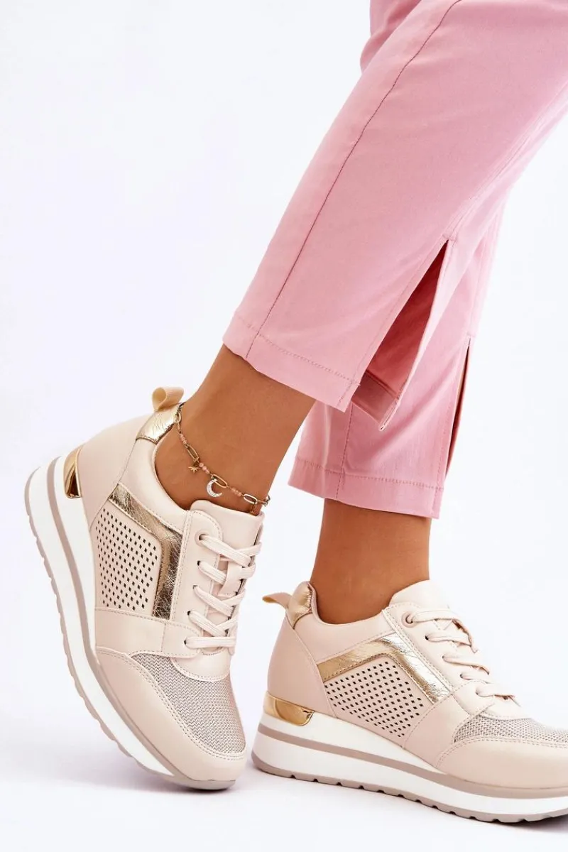 Sneakersy Damskie>Boto Skórzane Buty Sportowe Na Niewysokim Koturnie Beżowe Braylen