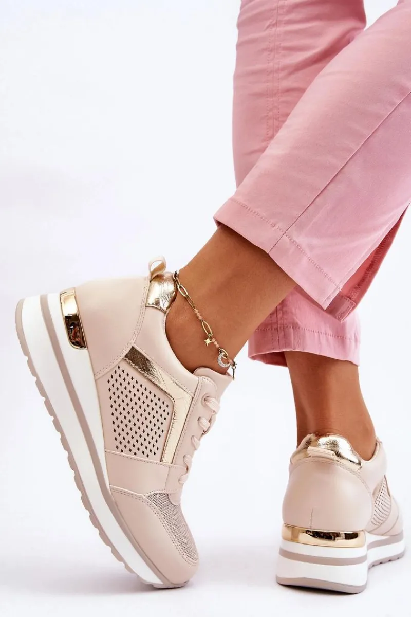 Sneakersy Damskie>Boto Skórzane Buty Sportowe Na Niewysokim Koturnie Beżowe Braylen