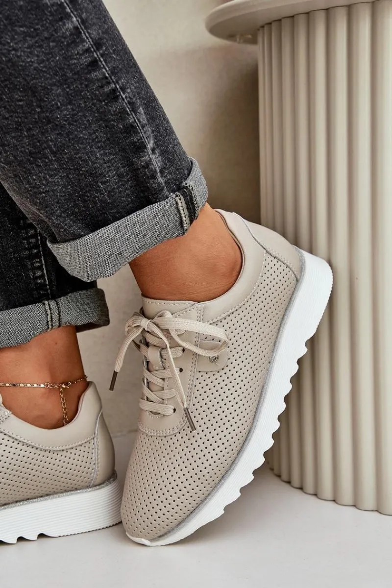 Buty Sportowe Na Platformie|Sneakersy Damskie>Damskie buty S.Barski Skórzane Buty Sportowe Na Platformie Z Brokatem D&A LR51-629 Beżowe Beżowy