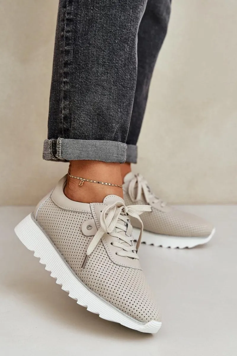 Buty Sportowe Na Platformie|Sneakersy Damskie>Damskie buty S.Barski Skórzane Buty Sportowe Na Platformie Z Brokatem D&A LR51-629 Beżowe Beżowy