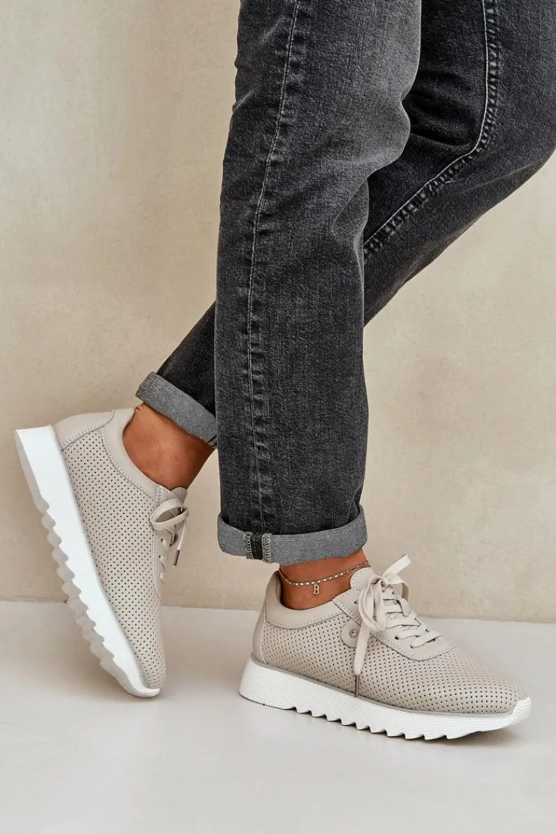 Buty Sportowe Na Platformie|Sneakersy Damskie>Damskie buty S.Barski Skórzane Buty Sportowe Na Platformie Z Brokatem D&A LR51-629 Beżowe Beżowy