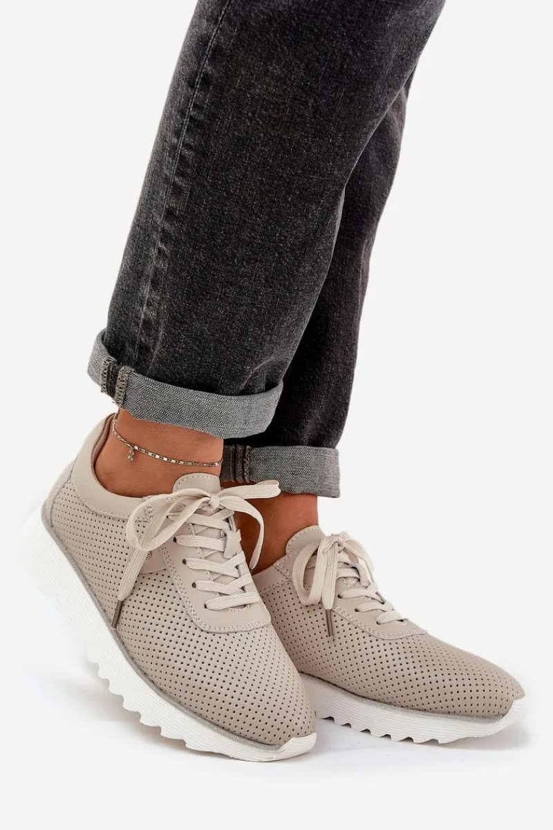 Buty Sportowe Na Platformie|Sneakersy Damskie>Damskie buty S.Barski Skórzane Buty Sportowe Na Platformie Z Brokatem D&A LR51-629 Beżowe Beżowy