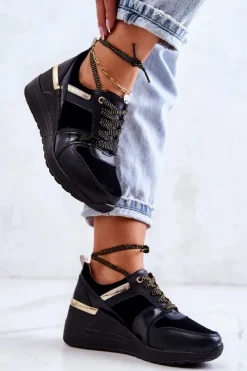 New Damskie buty S.Barski Skórzane Buty Sportowe Na Koturnie Czarne Rayana