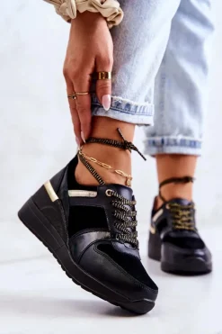 New Damskie buty S.Barski Skórzane Buty Sportowe Na Koturnie Czarne Rayana