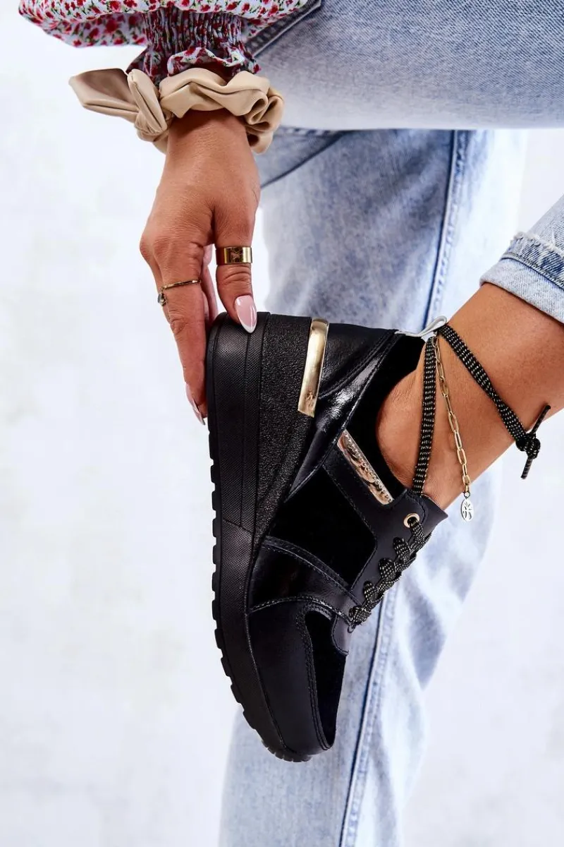 New Damskie buty S.Barski Skórzane Buty Sportowe Na Koturnie Czarne Rayana