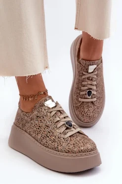 Buty Sportowe Na Platformie>Maciejka Skórzane Buty Sportowe Na Platformie 06191-10 Beżowe Beżowy
