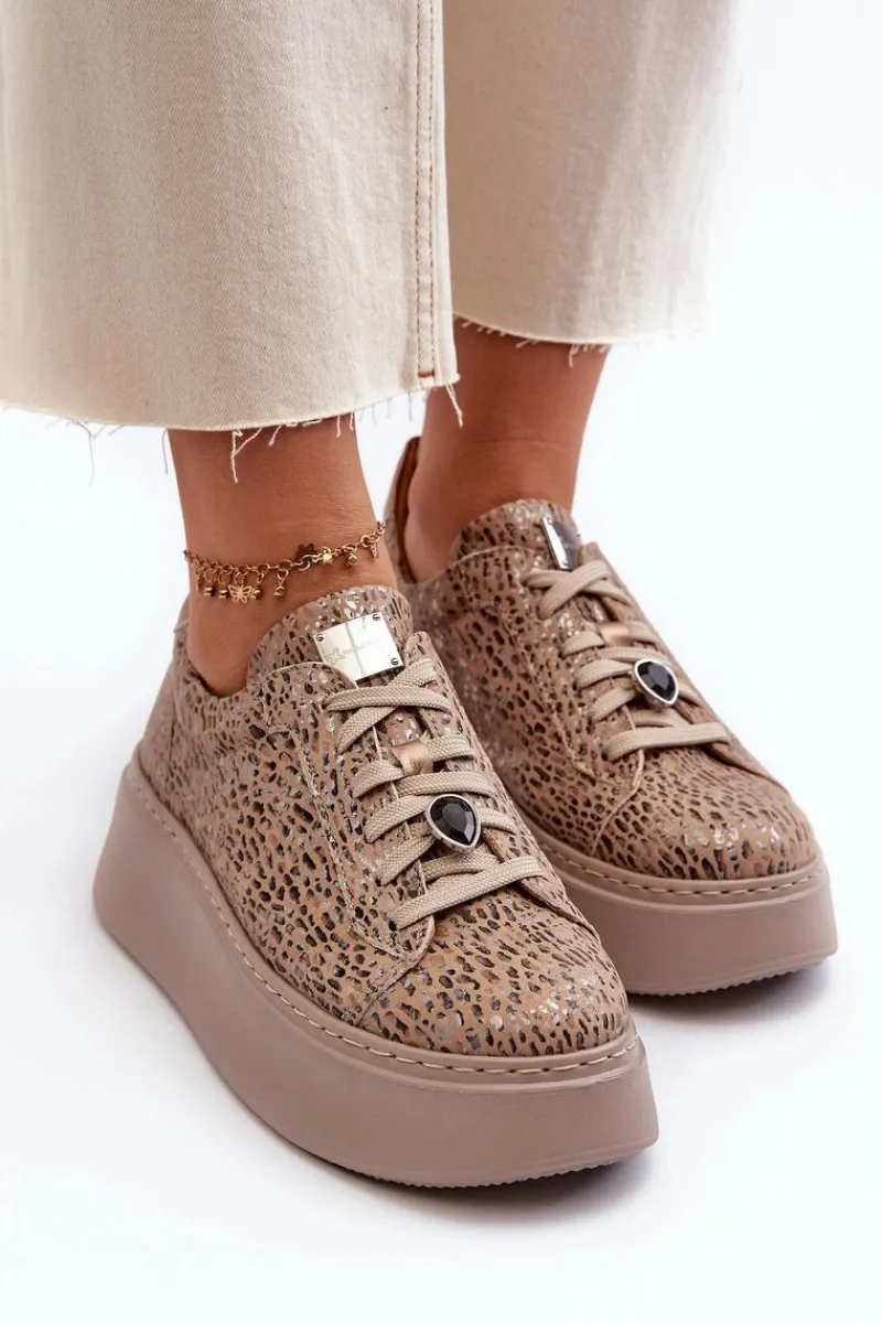 Buty Sportowe Na Platformie>Maciejka Skórzane Buty Sportowe Na Platformie 06191-10 Beżowe Beżowy