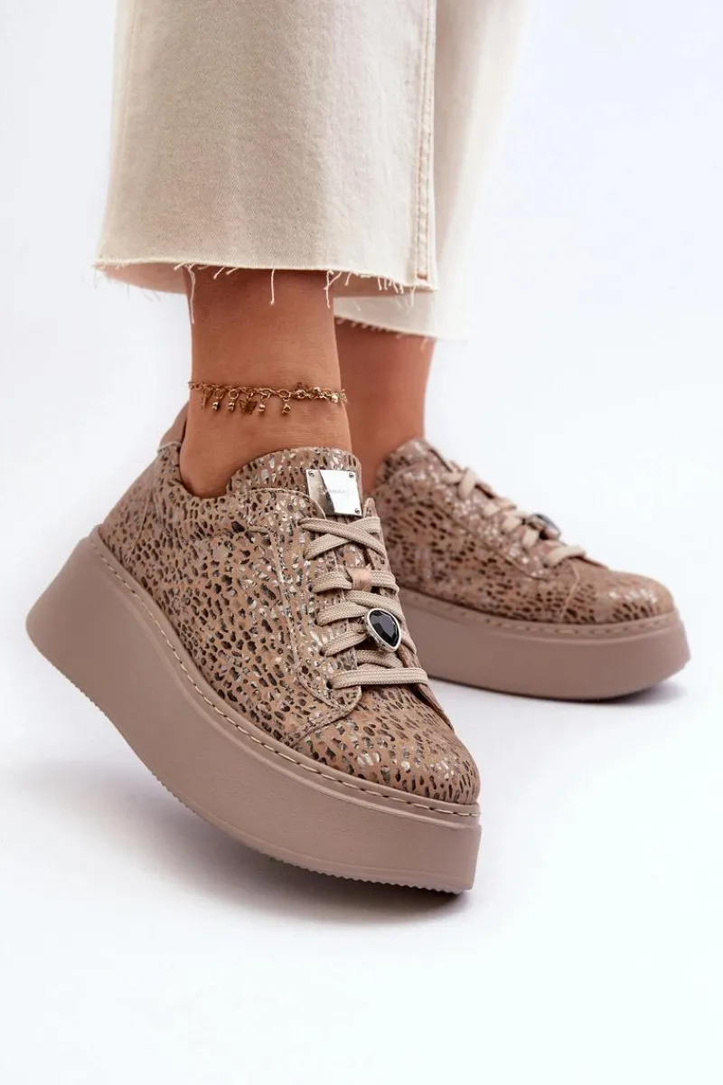 Buty Sportowe Na Platformie>Maciejka Skórzane Buty Sportowe Na Platformie 06191-10 Beżowe Beżowy