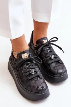 Clearance Maciejka Skórzane Buty Sportowe Na Platformie 06191-42 Czarne