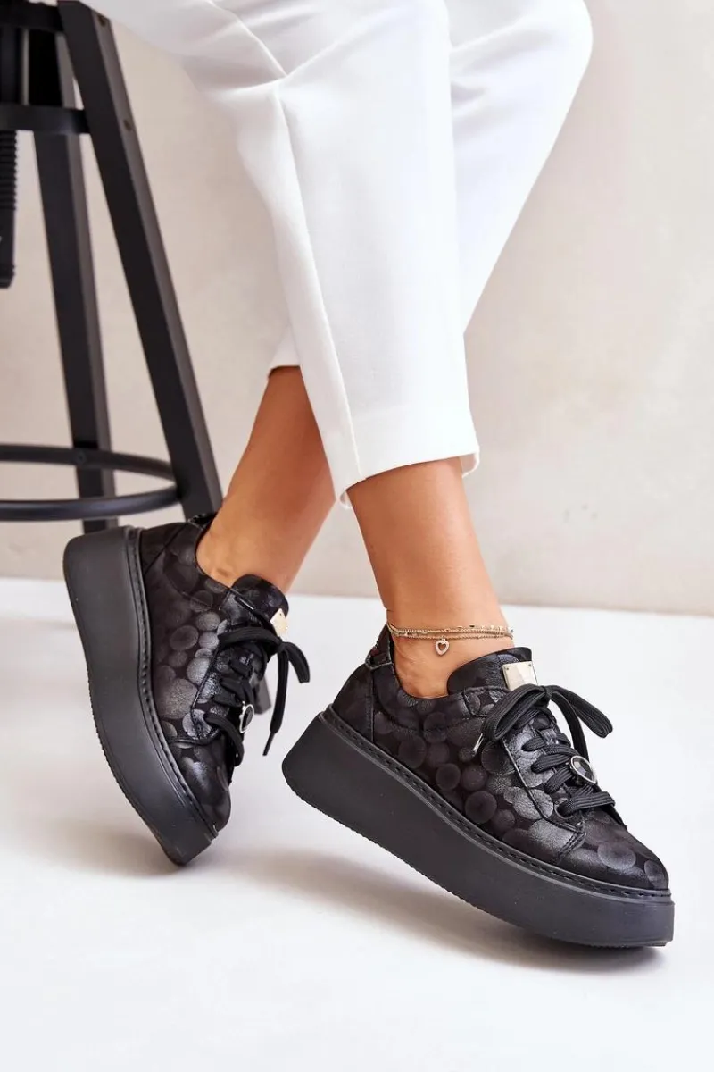 Clearance Maciejka Skórzane Buty Sportowe Na Platformie 06191-42 Czarne