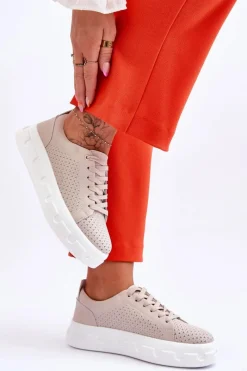 Outlet Damskie buty S.Barski Skórzane Buty Sportowe Na Masywnej Platformie Beżowe Montigo