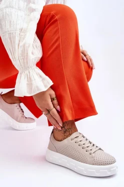 Outlet Damskie buty S.Barski Skórzane Buty Sportowe Na Masywnej Platformie Beżowe Montigo