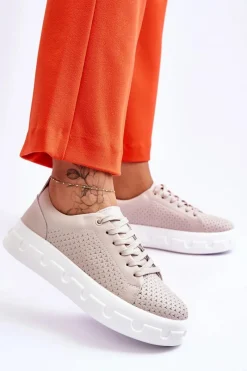 Outlet Damskie buty S.Barski Skórzane Buty Sportowe Na Masywnej Platformie Beżowe Montigo