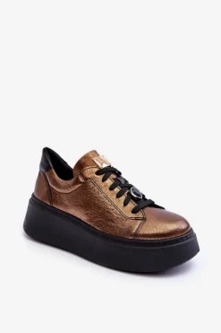 Outlet Maciejka Skórzane Buty Sportowe Na Platformie 06191-24 Miedziane