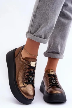 Outlet Maciejka Skórzane Buty Sportowe Na Platformie 06191-24 Miedziane