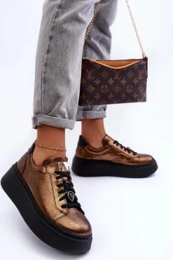 Outlet Maciejka Skórzane Buty Sportowe Na Platformie 06191-24 Miedziane