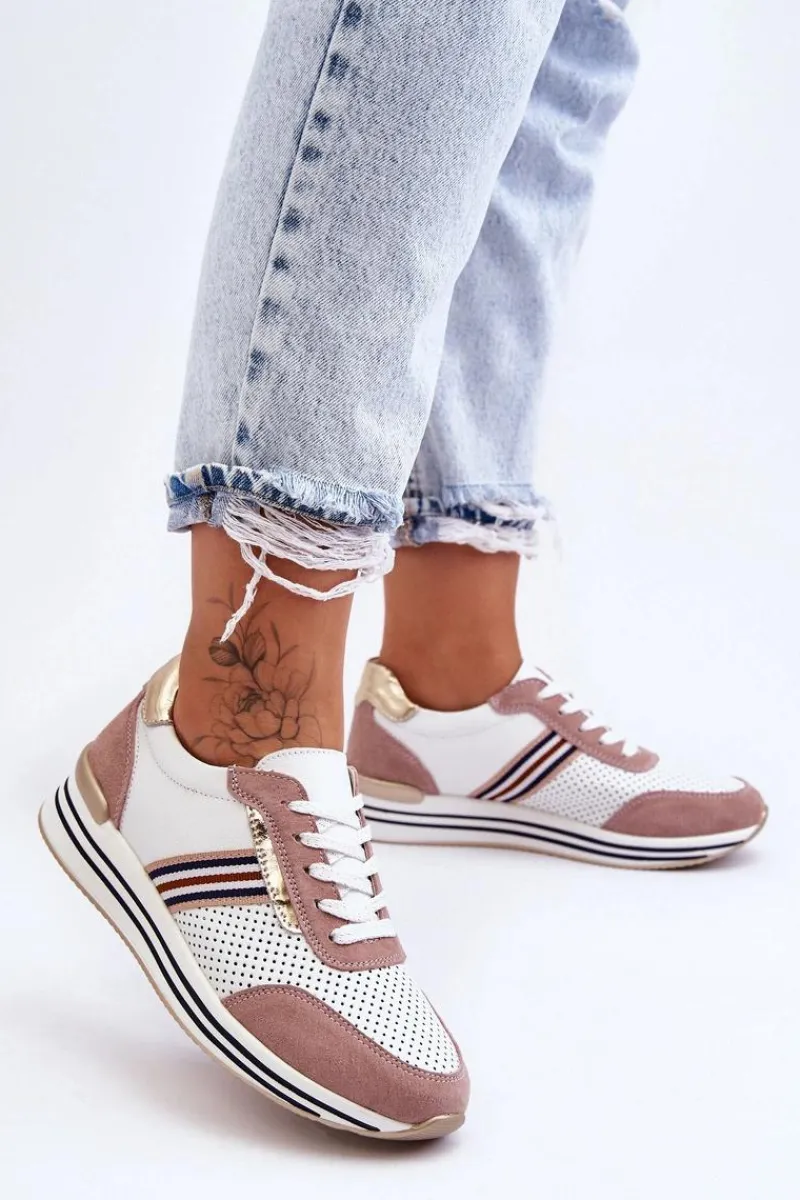 Discount Damskie buty S.Barski Skórzane Buty Sportowe S.Barski AL21575 Biało-Różowe