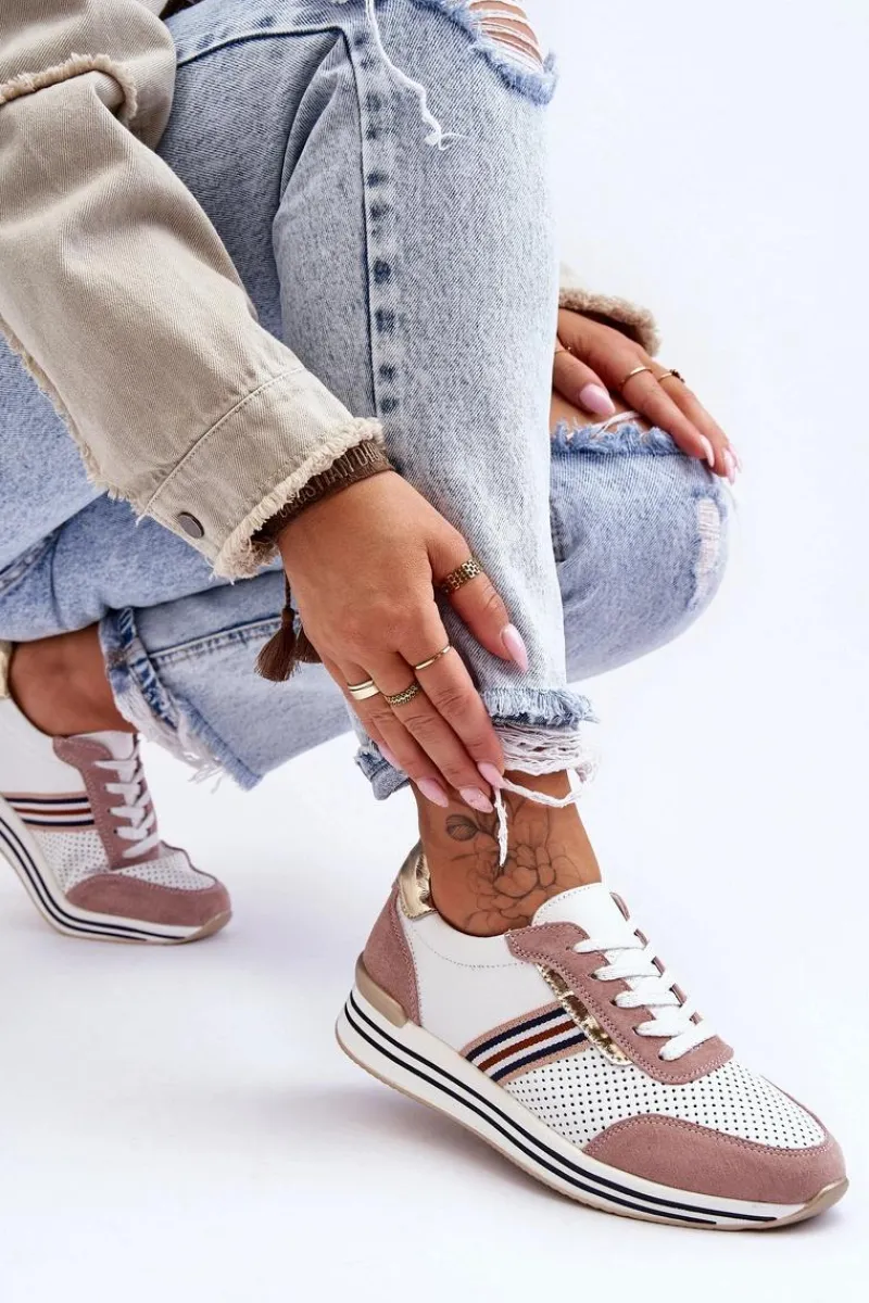 Discount Damskie buty S.Barski Skórzane Buty Sportowe S.Barski AL21575 Biało-Różowe