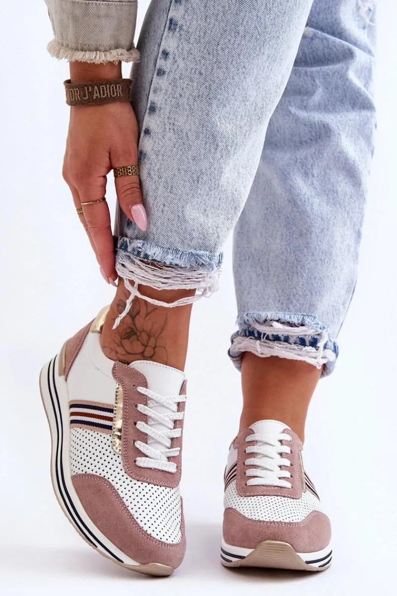 Discount Damskie buty S.Barski Skórzane Buty Sportowe S.Barski AL21575 Biało-Różowe