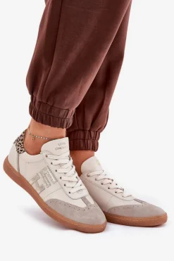 Hot Skórzane Buty Sportowe Sneakersy Damskie Panterka 4640 Beżowe Damskie Buty Sportowe Na Platformie