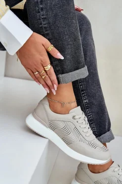Skórzane Buty Sportowe Sneakersy Damskie S.Barski LR51-551 Beżowe Damskie Buty Sportowe Na Platformie|Sneakersy Damskie
