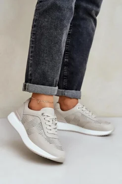 Skórzane Buty Sportowe Sneakersy Damskie S.Barski LR51-551 Beżowe Damskie Buty Sportowe Na Platformie|Sneakersy Damskie