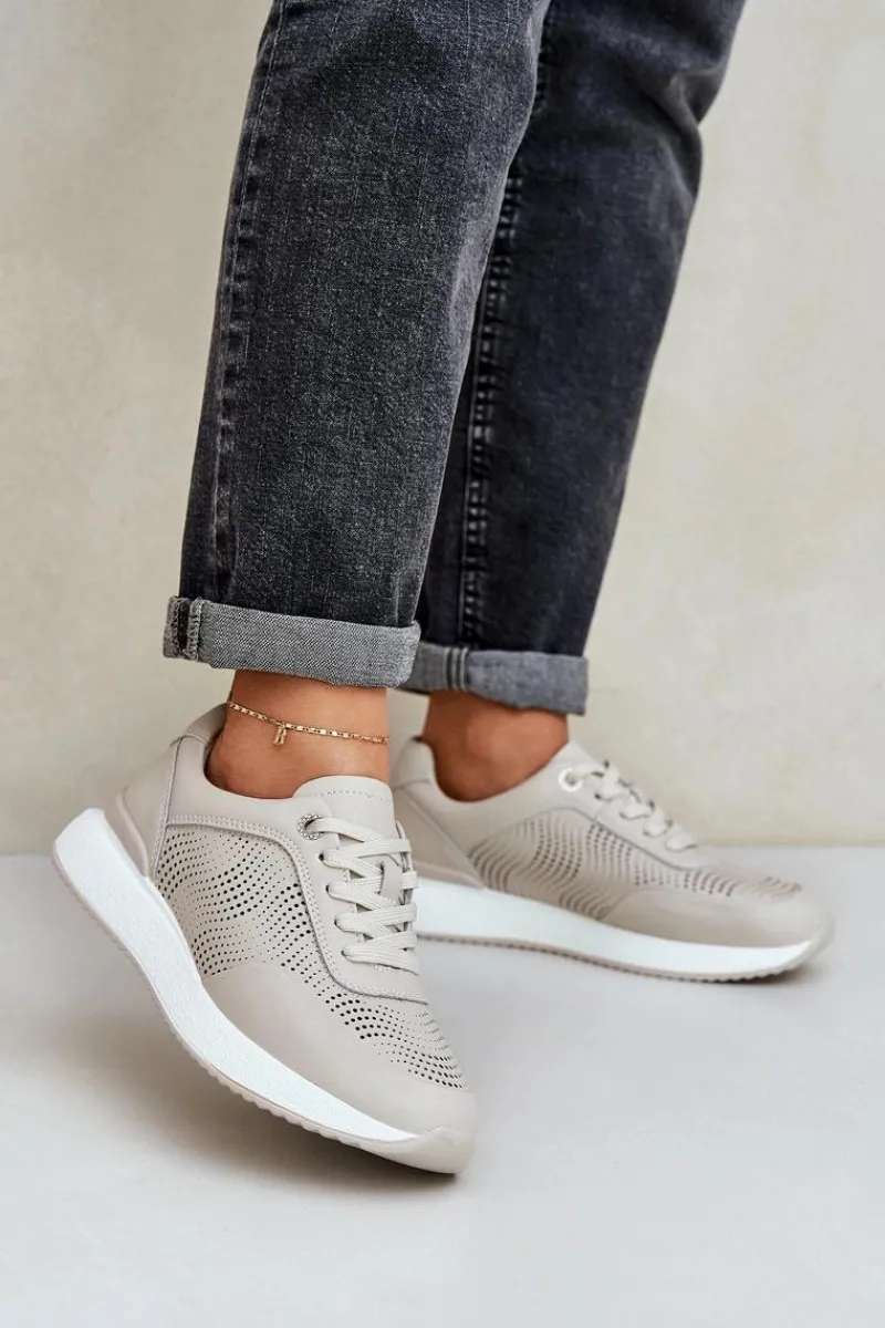 Skórzane Buty Sportowe Sneakersy Damskie S.Barski LR51-551 Beżowe Damskie Buty Sportowe Na Platformie|Sneakersy Damskie