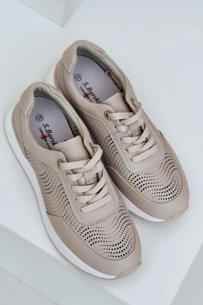 Skórzane Buty Sportowe Sneakersy Damskie S.Barski LR51-551 Beżowe Damskie Buty Sportowe Na Platformie|Sneakersy Damskie